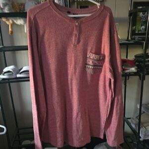 Red Long Sleeve Henley Shirt with Patterned Pocket